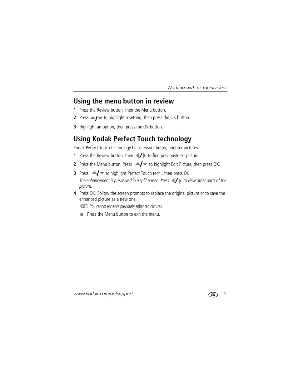 Using the menu button in review, Using kodak perfect touch technology | Kodak EASYSHARE C1013 User Manual | Page 21 / 67