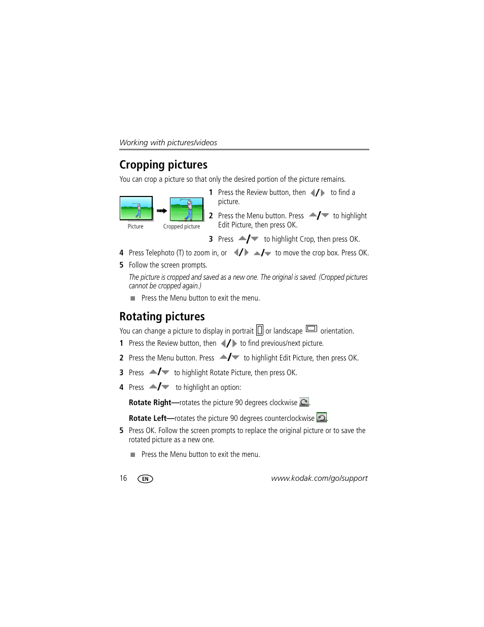 Cropping pictures, Rotating pictures, Cropping pictures rotating pictures | Kodak EASYSHARE C1013 User Manual | Page 22 / 67