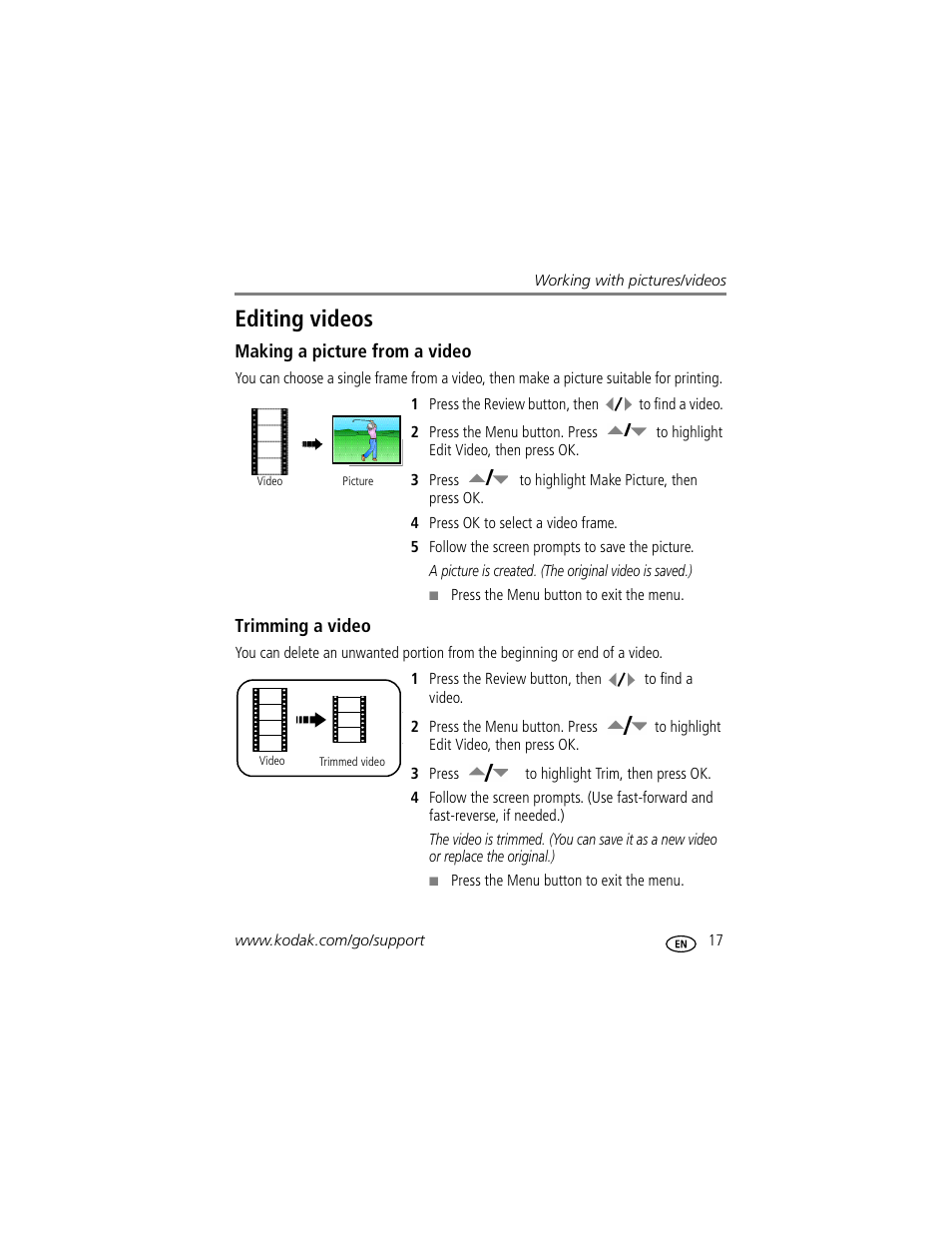 Editing videos, Making a picture from a video, Trimming a video | Kodak EASYSHARE C1013 User Manual | Page 23 / 67
