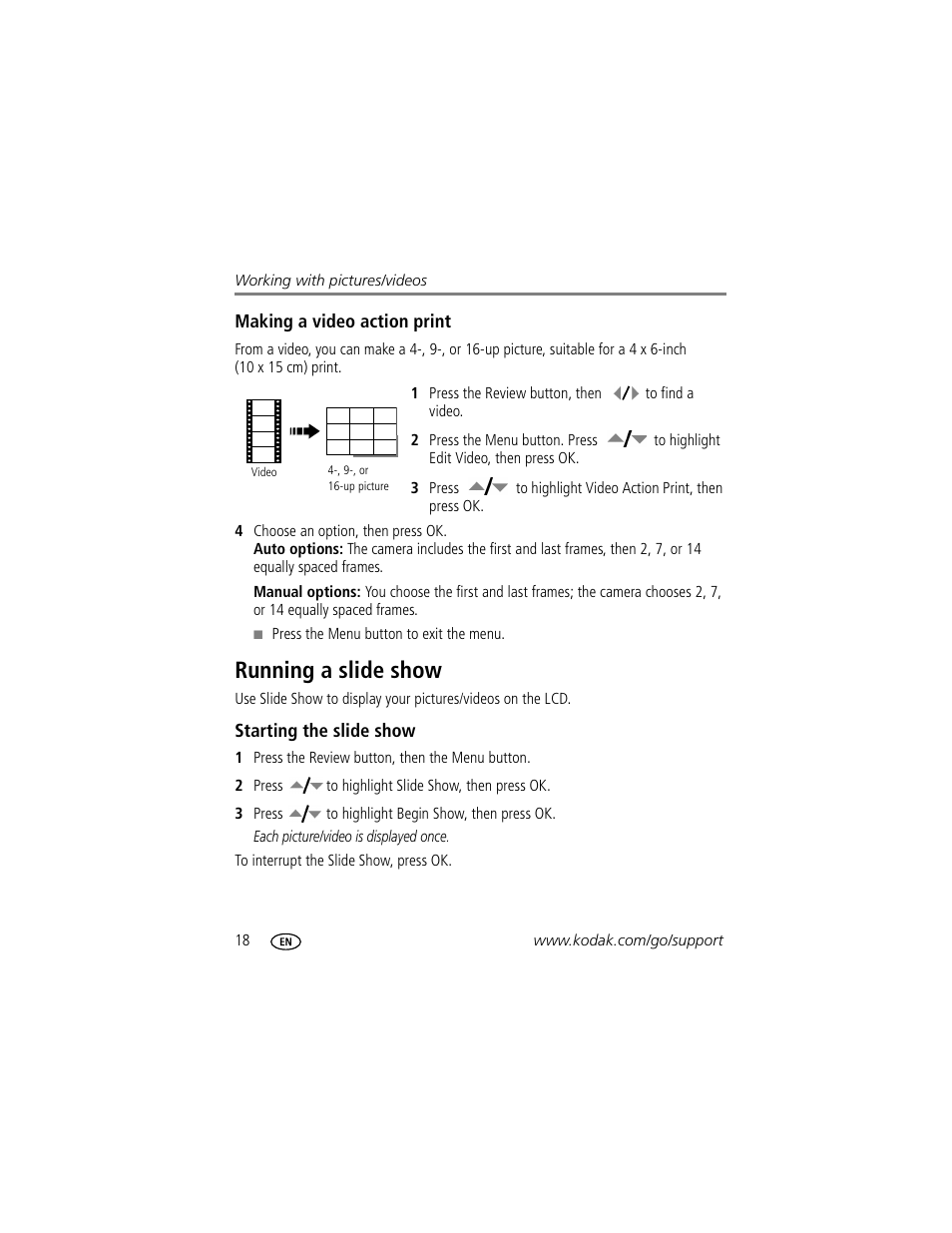 Making a video action print, Running a slide show, Starting the slide show | Kodak EASYSHARE C1013 User Manual | Page 24 / 67