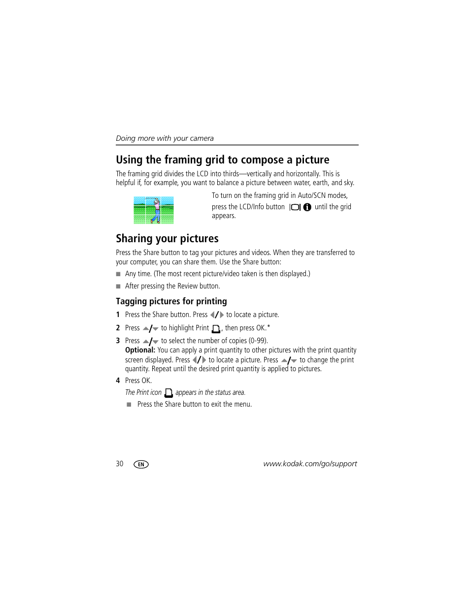 Using the framing grid to compose a picture, Sharing your pictures, Tagging pictures for printing | Kodak EASYSHARE C1013 User Manual | Page 36 / 67