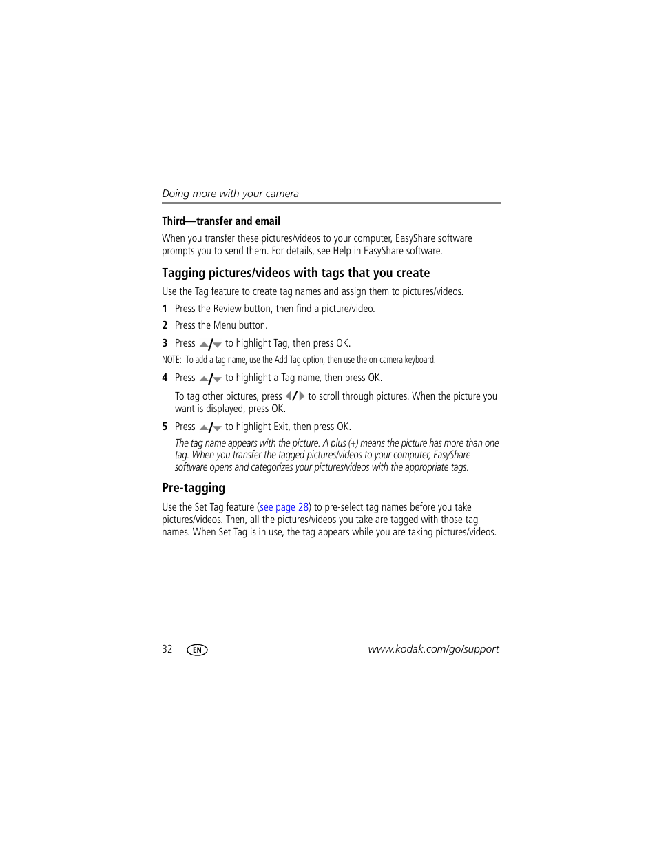 Third-transfer and email, Tagging pictures/videos with tags that you create, Pre-tagging | Kodak EASYSHARE C1013 User Manual | Page 38 / 67