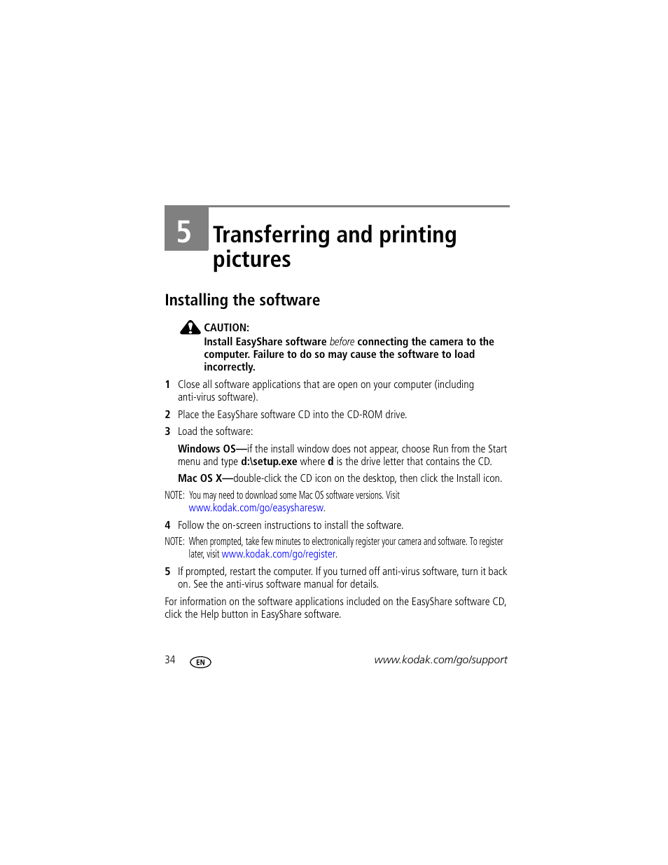 Transferring and printing pictures, Installing the software, 5 transferring and printing pictures | Kodak EASYSHARE C1013 User Manual | Page 40 / 67