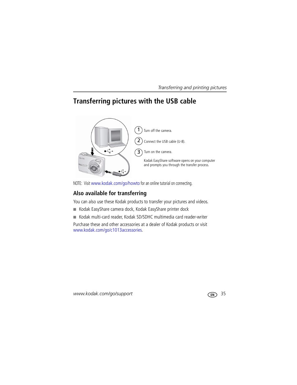 Transferring pictures with the usb cable, Also available for transferring | Kodak EASYSHARE C1013 User Manual | Page 41 / 67