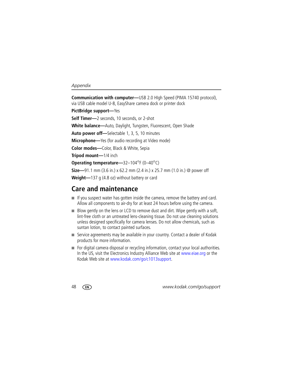 Care and maintenance | Kodak EASYSHARE C1013 User Manual | Page 54 / 67