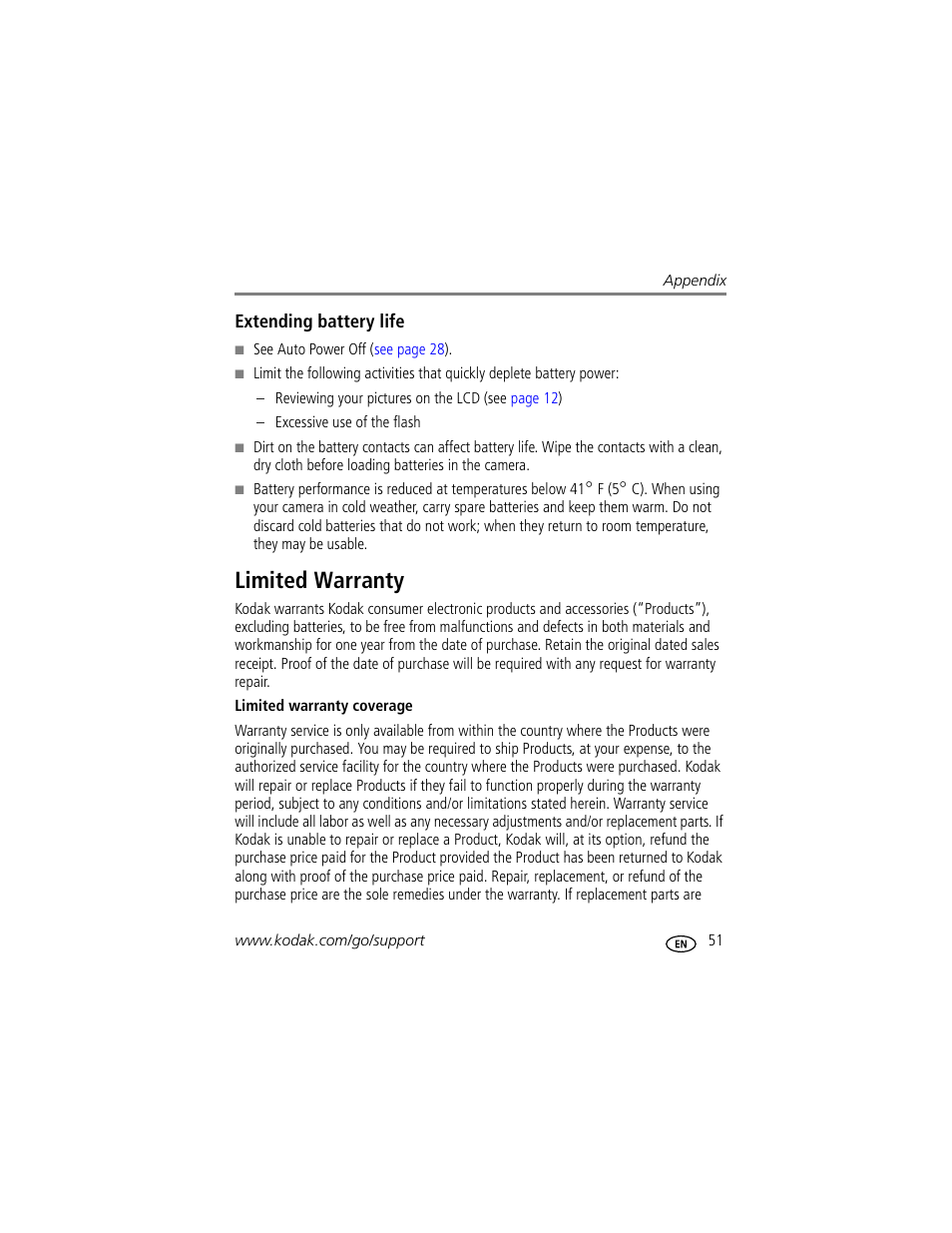 Extending battery life, Limited warranty | Kodak EASYSHARE C1013 User Manual | Page 57 / 67