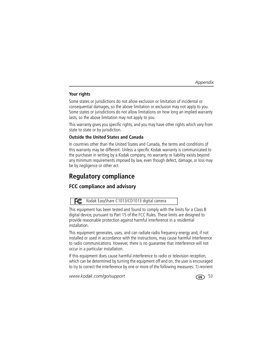 Regulatory compliance, Fcc compliance and advisory | Kodak EASYSHARE C1013 User Manual | Page 59 / 67