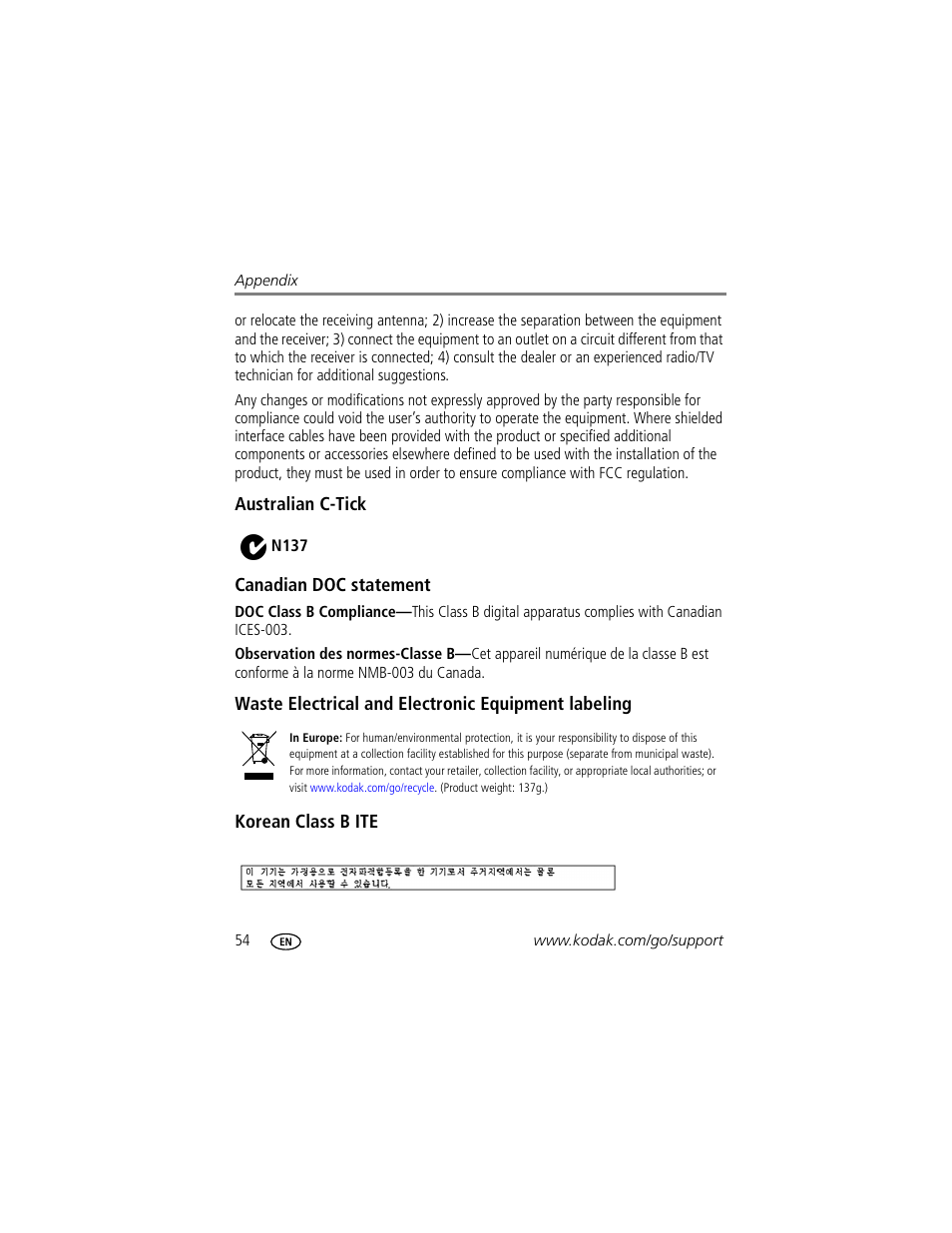 Australian c-tick, Canadian doc statement, Waste electrical and electronic equipment labeling | Korean class b ite | Kodak EASYSHARE C1013 User Manual | Page 60 / 67