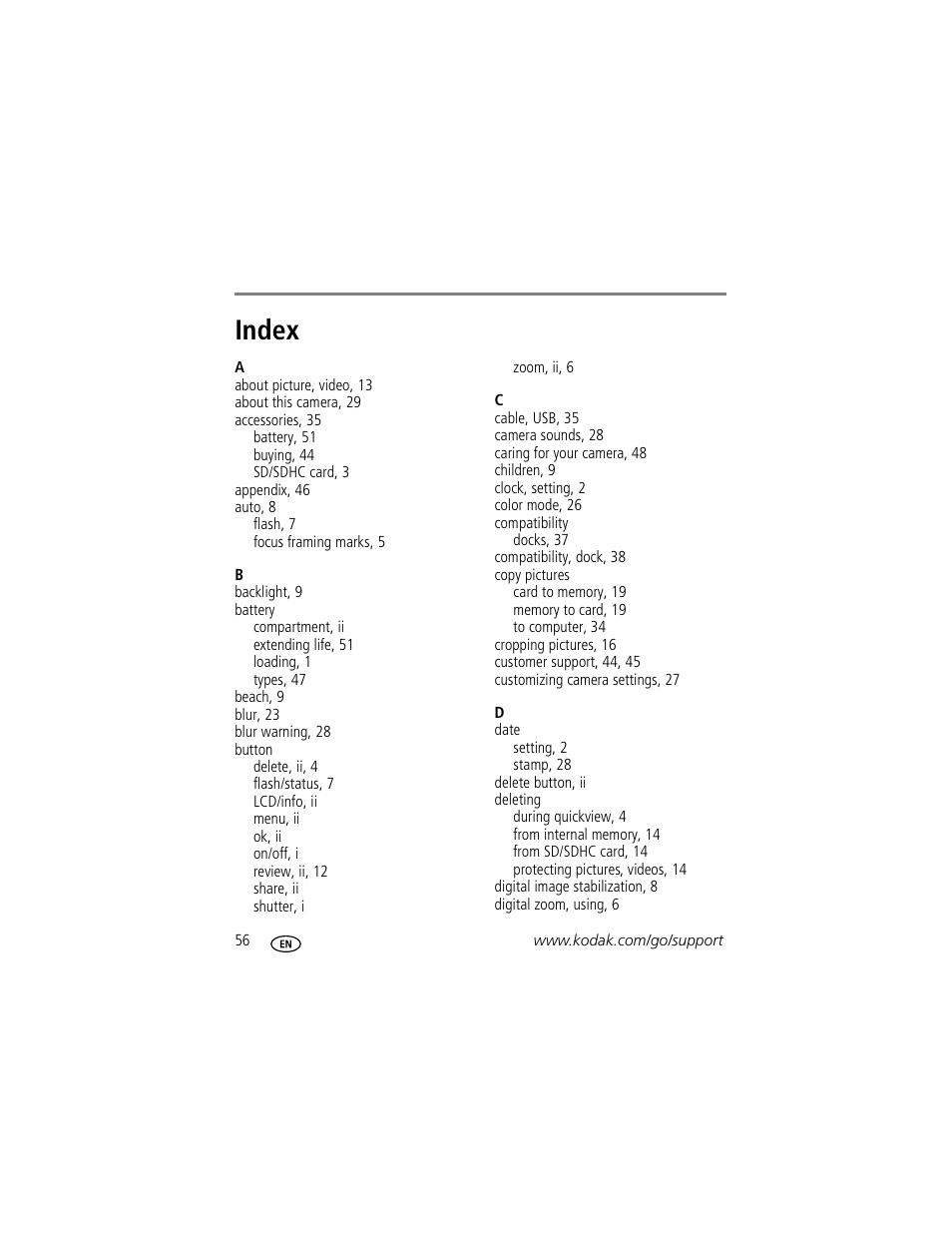 Index | Kodak EASYSHARE C1013 User Manual | Page 62 / 67