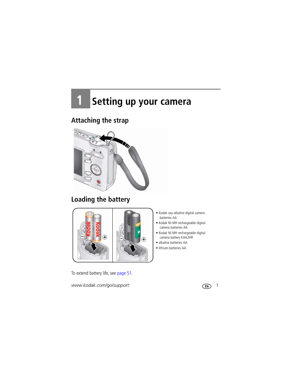 Setting up your camera, Attaching the strap, Loading the battery | 1 setting up your camera, Attaching the strap loading the battery | Kodak EASYSHARE C1013 User Manual | Page 7 / 67