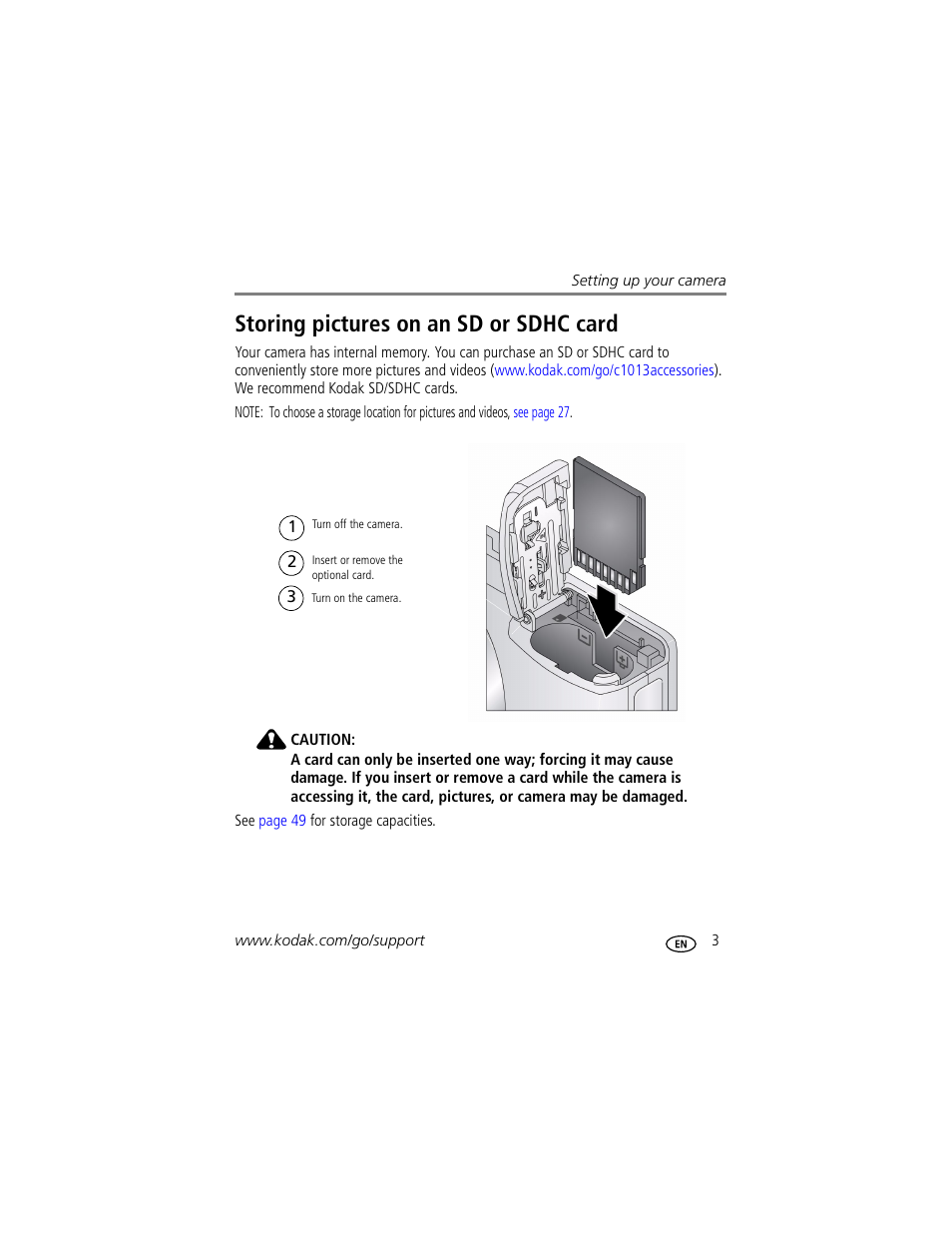 Storing pictures on an sd or sdhc card | Kodak EASYSHARE C1013 User Manual | Page 9 / 67