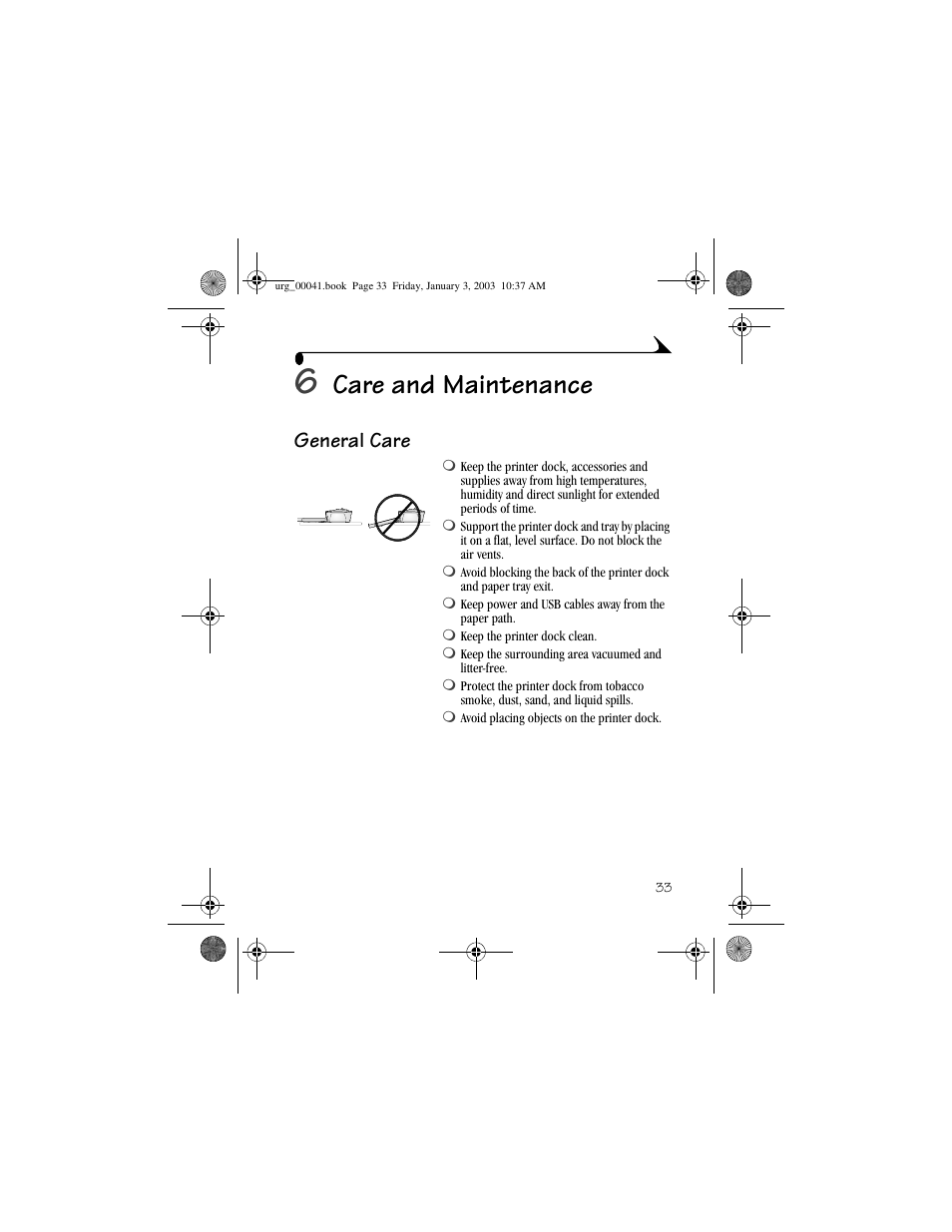 6 care and maintenance, General care, Care and maintenance | Kodak 6000 User Manual | Page 43 / 76