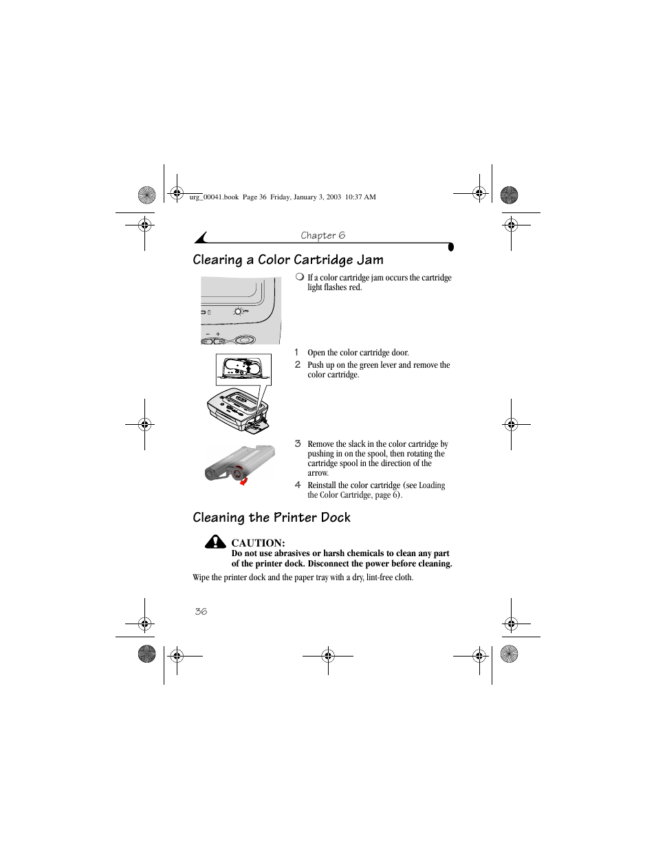 Clearing a color cartridge jam, Cleaning the printer dock | Kodak 6000 User Manual | Page 46 / 76