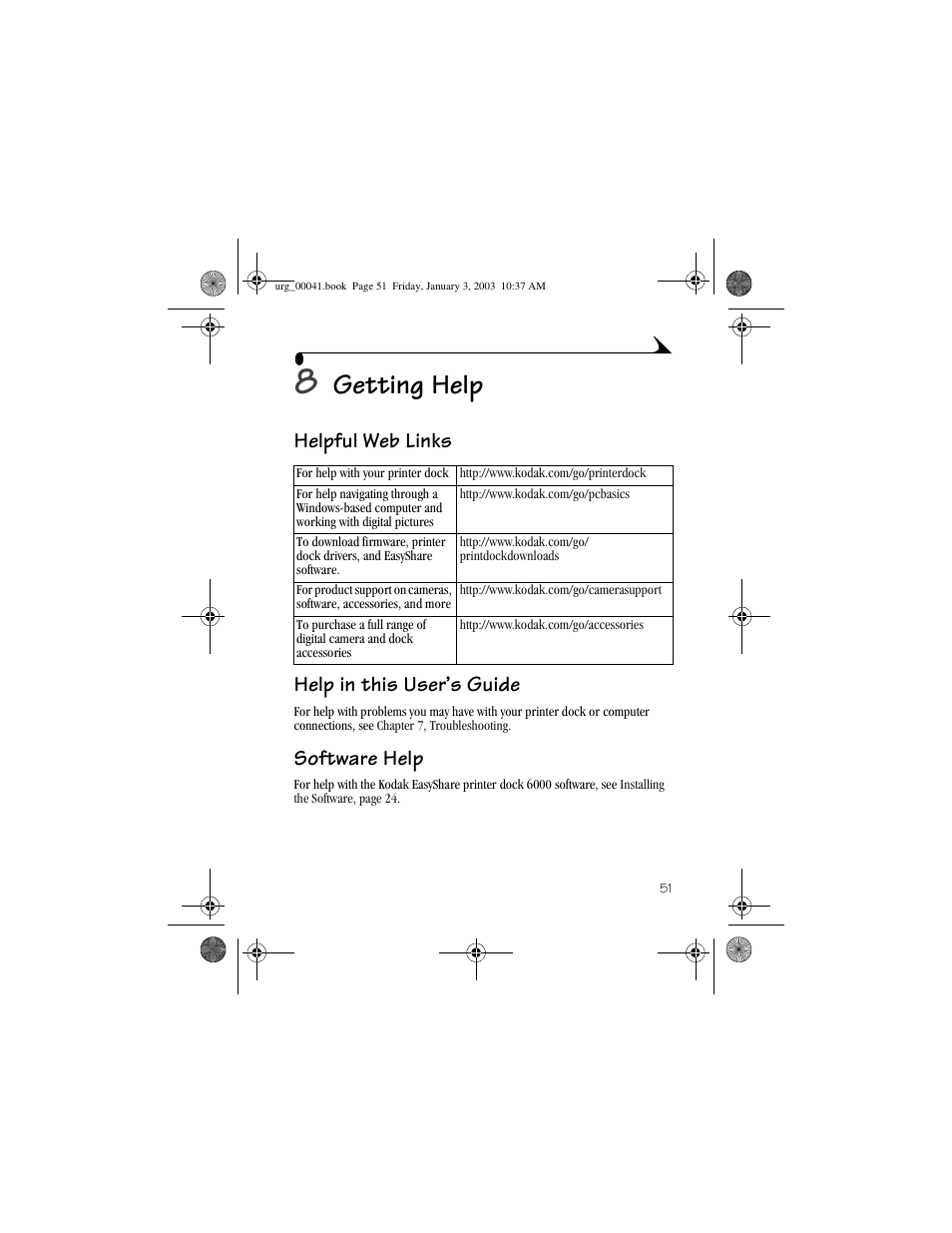 Helpful web links, Help in this user’s guide software help, Getting help | Helpful web links help in this user’s guide, Software help | Kodak 6000 User Manual | Page 61 / 76