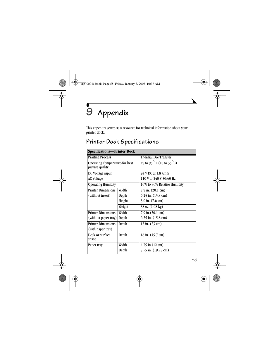 9 appendix, Printer dock specifications, Appendix | Kodak 6000 User Manual | Page 65 / 76