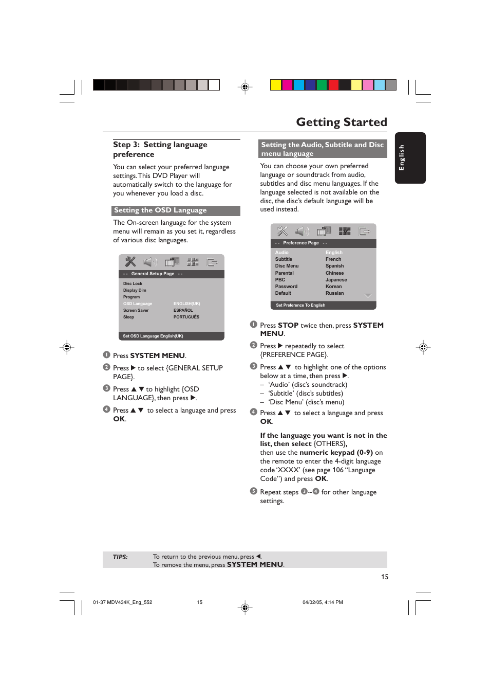 Getting started, Step 3: setting language preference | Kodak MDV434K User Manual | Page 15 / 37
