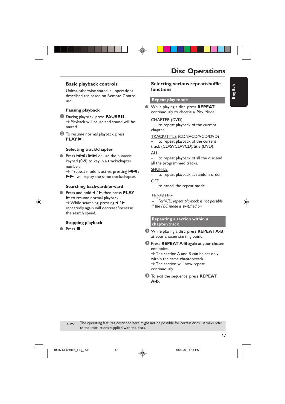 Disc operations | Kodak MDV434K User Manual | Page 17 / 37