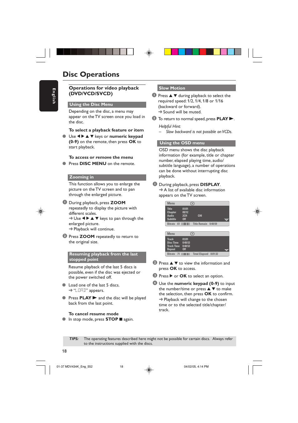 Disc operations | Kodak MDV434K User Manual | Page 18 / 37