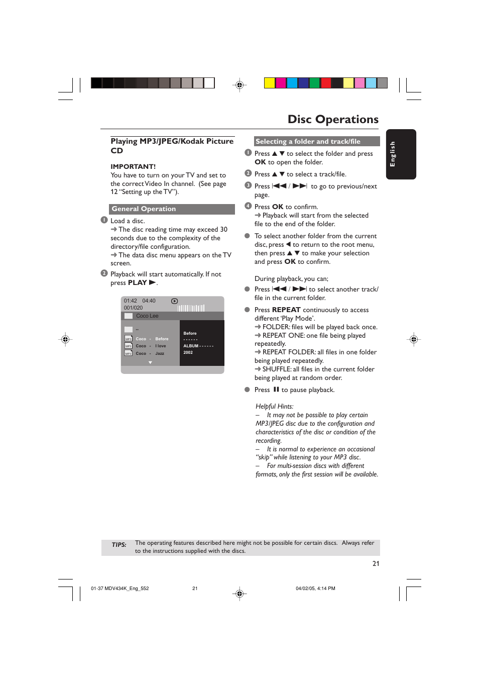 Disc operations | Kodak MDV434K User Manual | Page 21 / 37