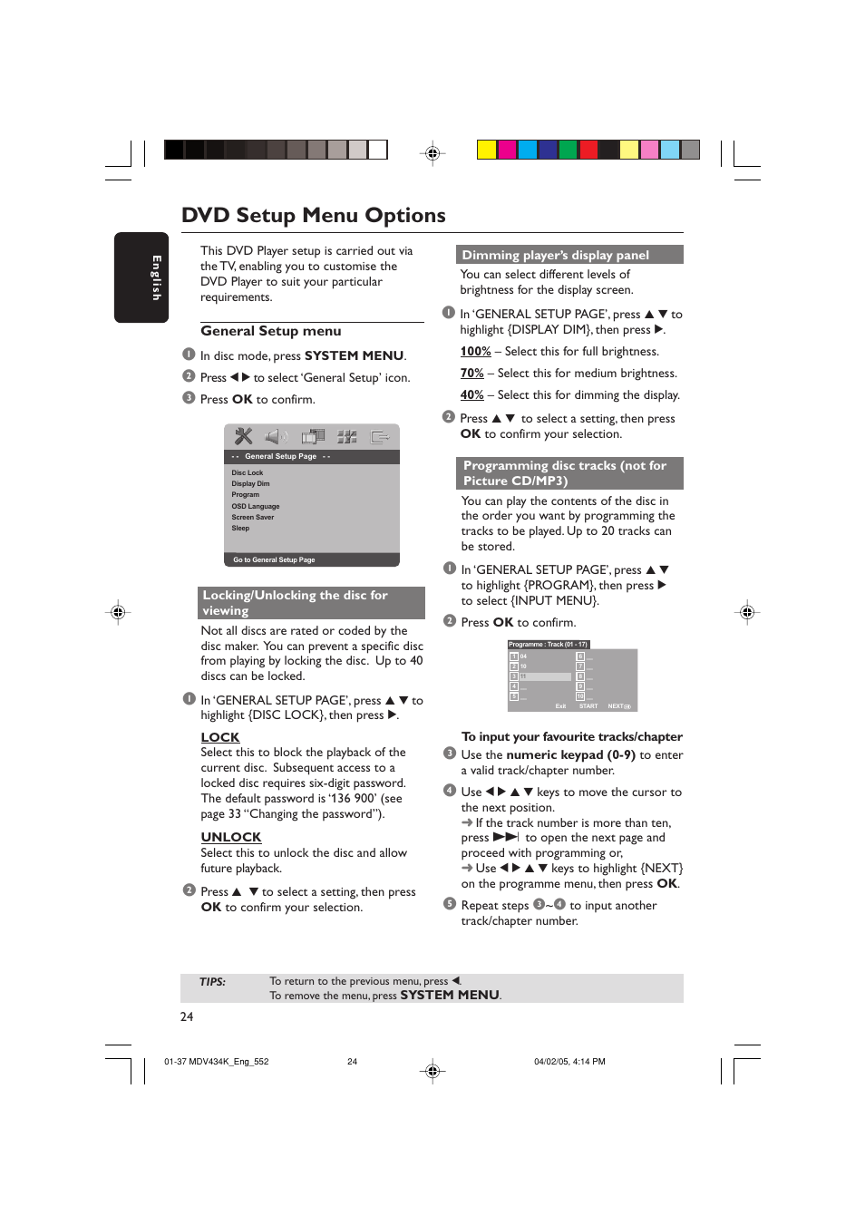 Dvd setup menu options | Kodak MDV434K User Manual | Page 24 / 37