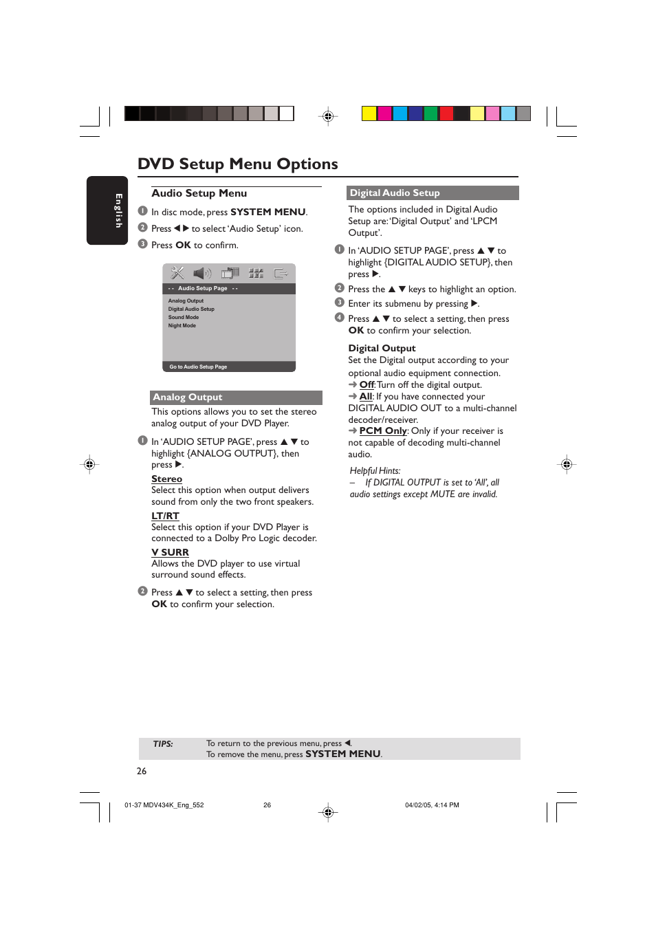 Dvd setup menu options | Kodak MDV434K User Manual | Page 26 / 37