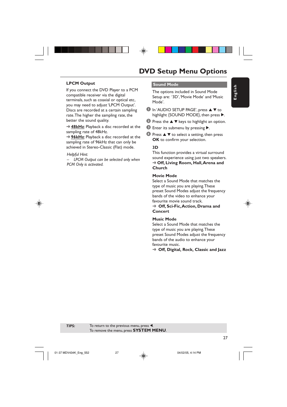 Dvd setup menu options | Kodak MDV434K User Manual | Page 27 / 37