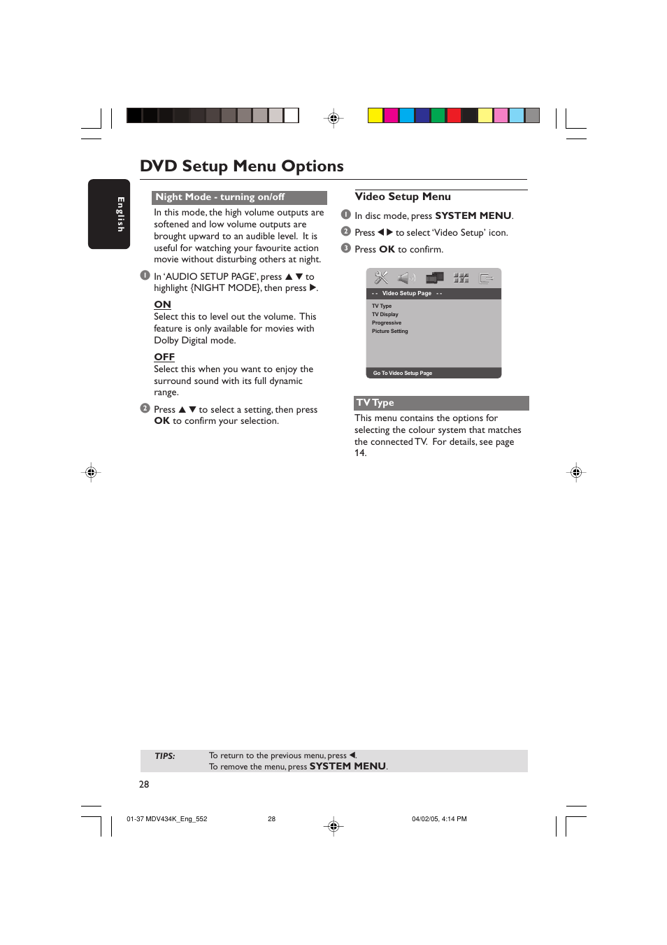 Dvd setup menu options | Kodak MDV434K User Manual | Page 28 / 37