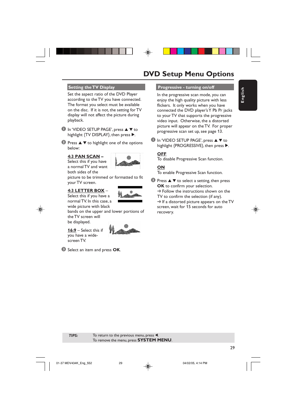 Dvd setup menu options | Kodak MDV434K User Manual | Page 29 / 37