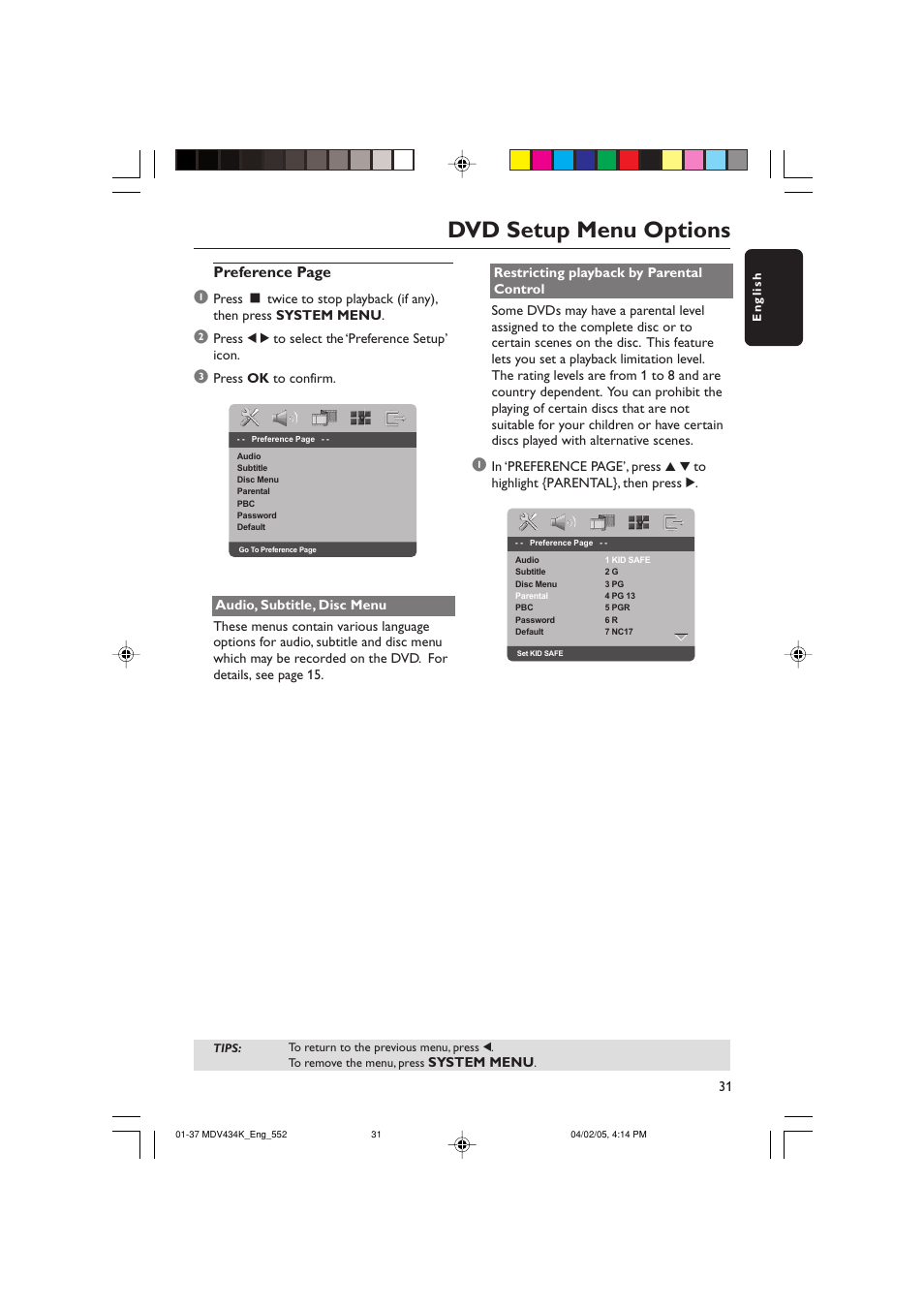 Dvd setup menu options, Preference page | Kodak MDV434K User Manual | Page 31 / 37