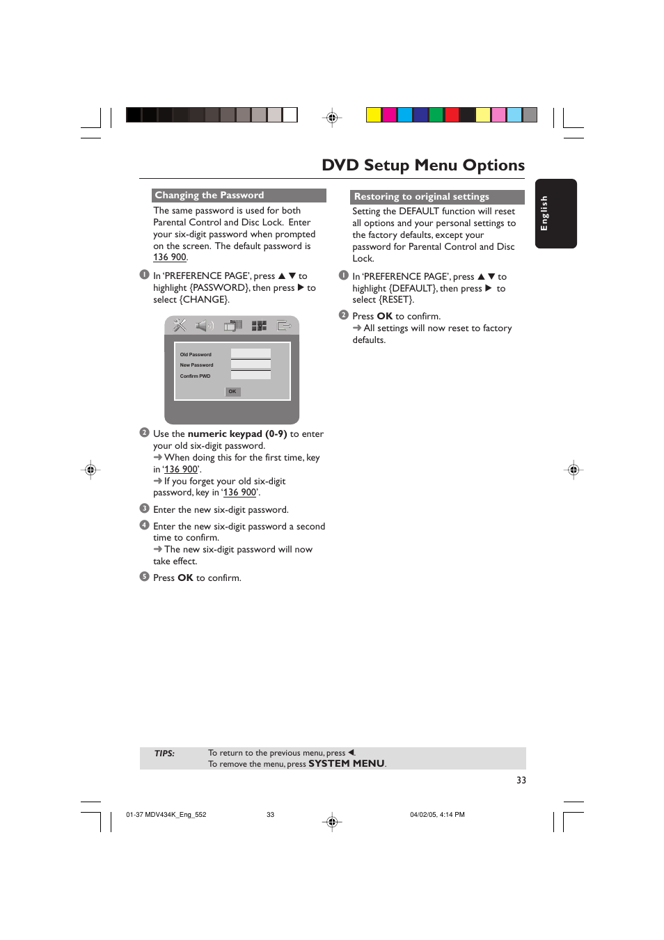 Dvd setup menu options | Kodak MDV434K User Manual | Page 33 / 37