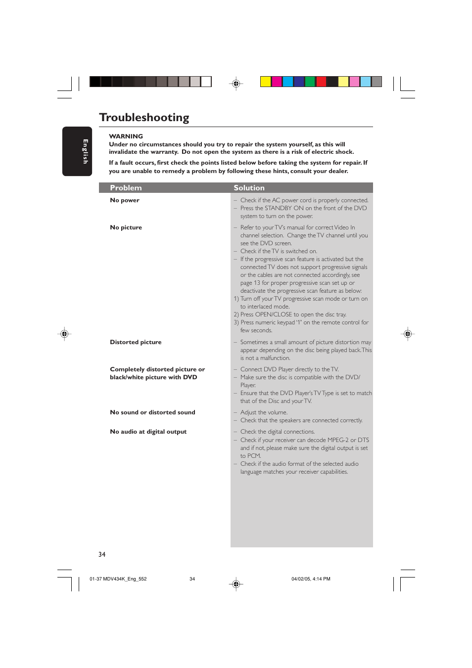Troubleshooting, Problem solution | Kodak MDV434K User Manual | Page 34 / 37