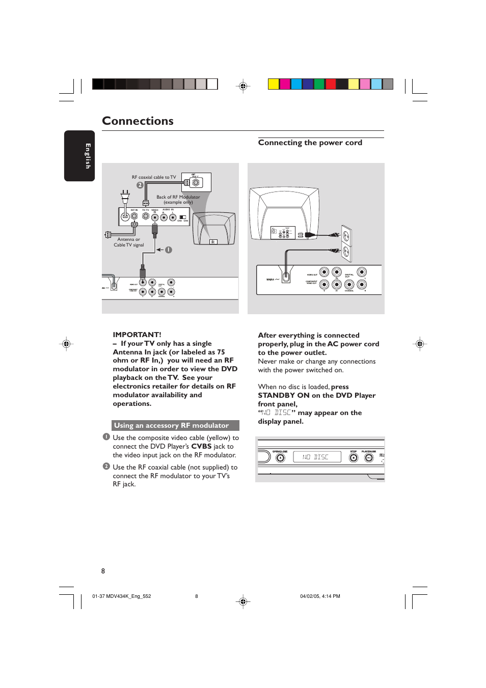 Connections, Connecting the power cord | Kodak MDV434K User Manual | Page 8 / 37