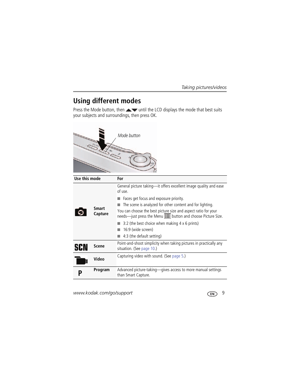 Using different modes | Kodak EASYSHARE C1550 User Manual | Page 15 / 63