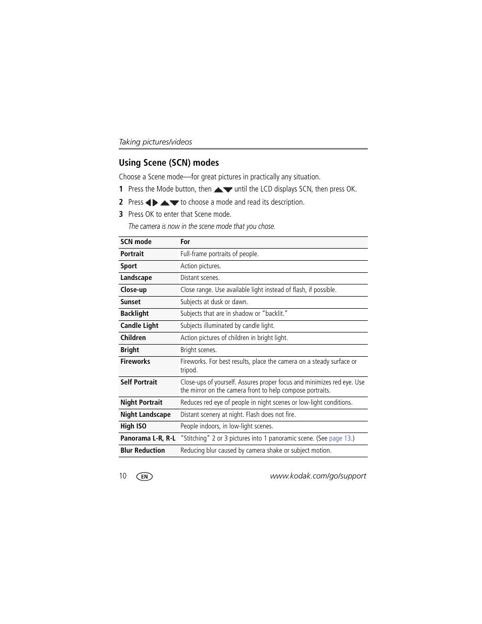 Using scene (scn) modes, Ation. (see | Kodak EASYSHARE C1550 User Manual | Page 16 / 63