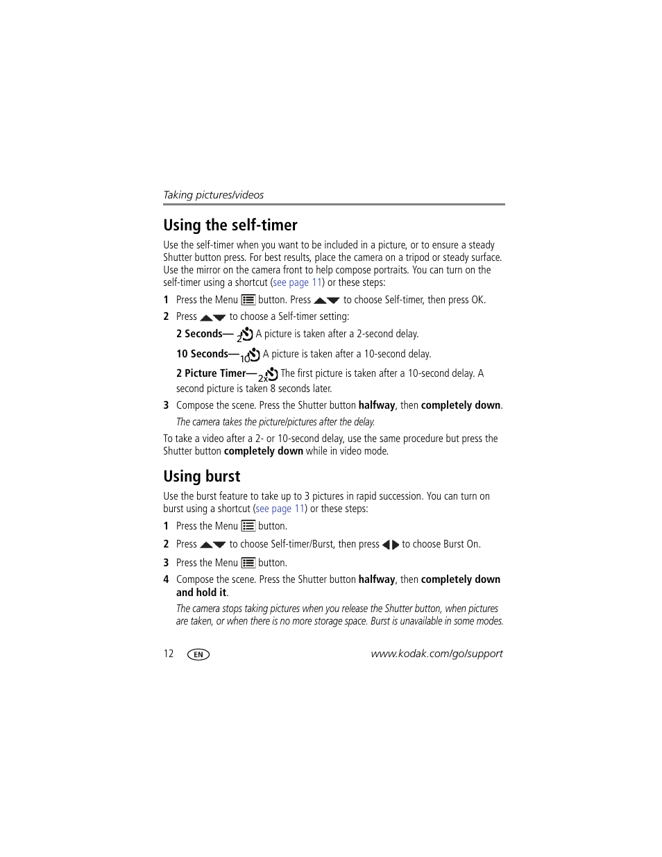 Using the self-timer, Using burst, Using the self-timer using burst | Kodak EASYSHARE C1550 User Manual | Page 18 / 63