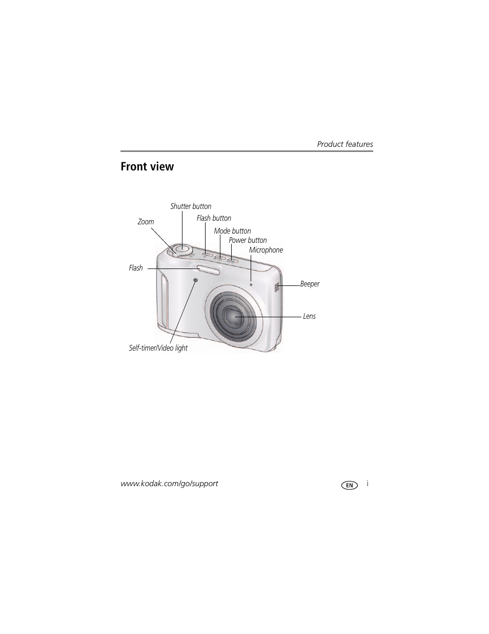 Product features, Front view | Kodak EASYSHARE C1550 User Manual | Page 3 / 63