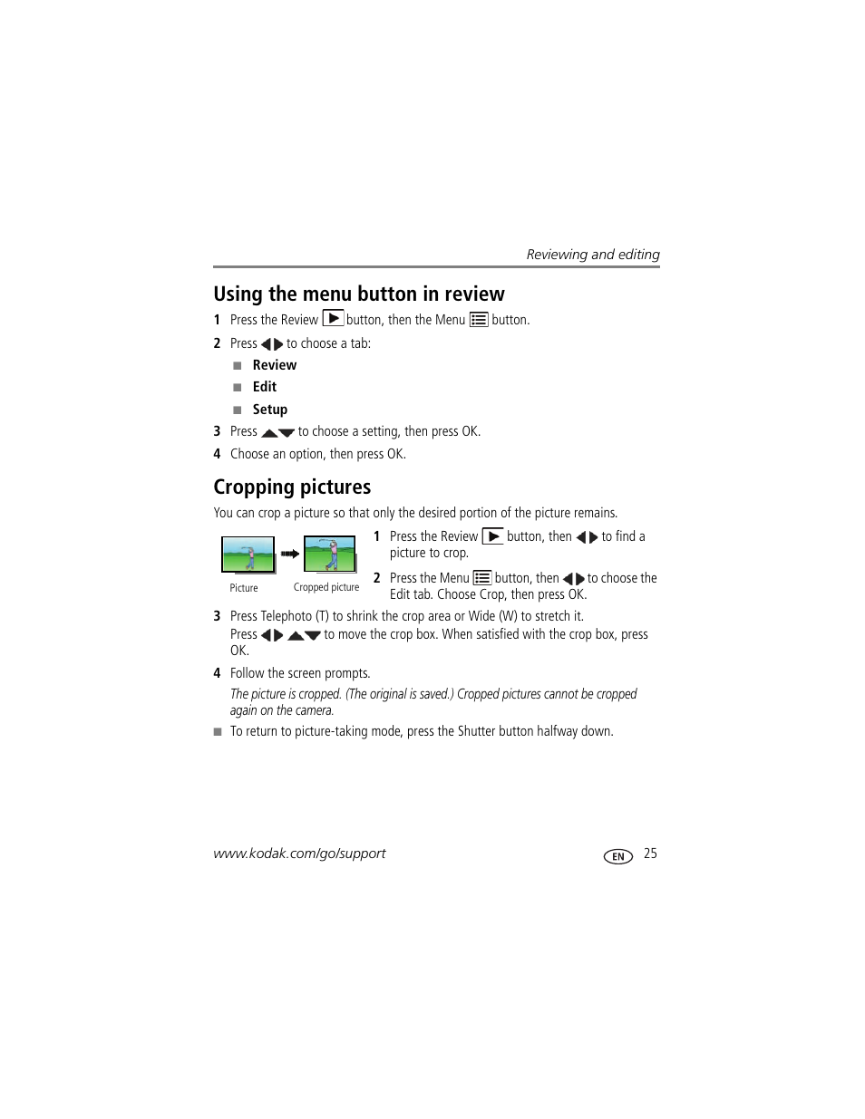 Using the menu button in review, Cropping pictures, Using the menu button in review cropping pictures | Kodak EASYSHARE C1550 User Manual | Page 31 / 63