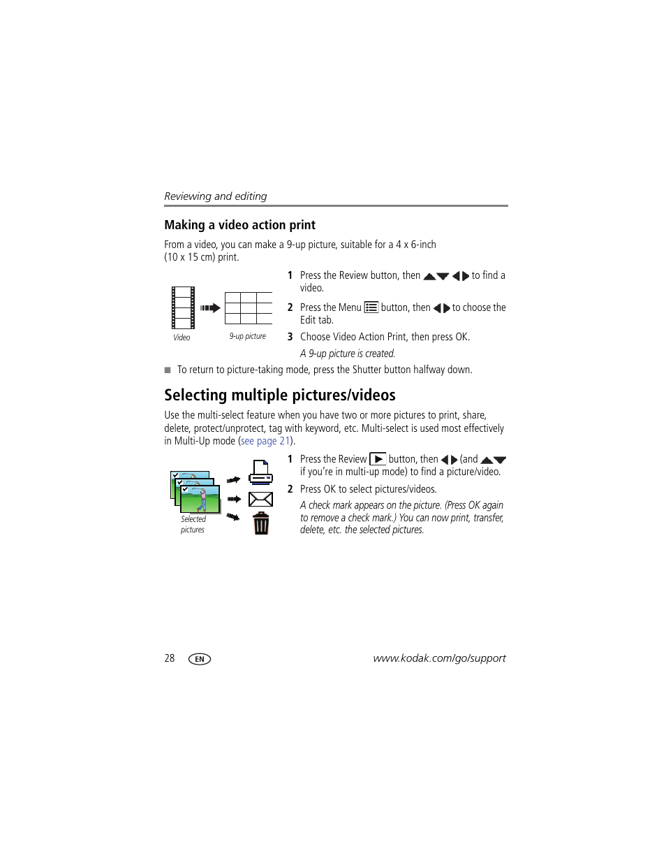 Making a video action print, Selecting multiple pictures/videos | Kodak EASYSHARE C1550 User Manual | Page 34 / 63