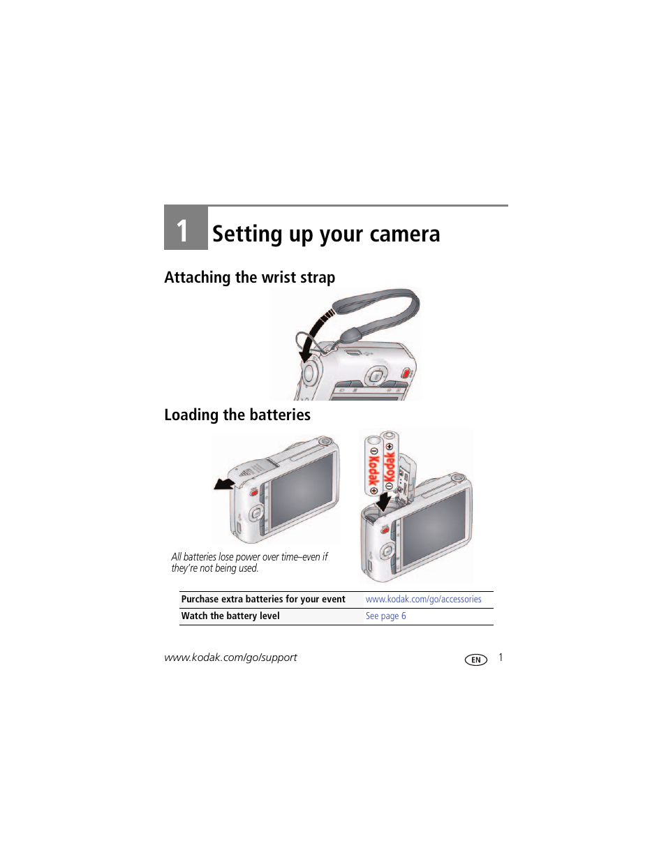Setting up your camera, Attaching the wrist strap, Loading the batteries | 1 setting up your camera, Attaching the wrist strap loading the batteries | Kodak EASYSHARE C1550 User Manual | Page 7 / 63