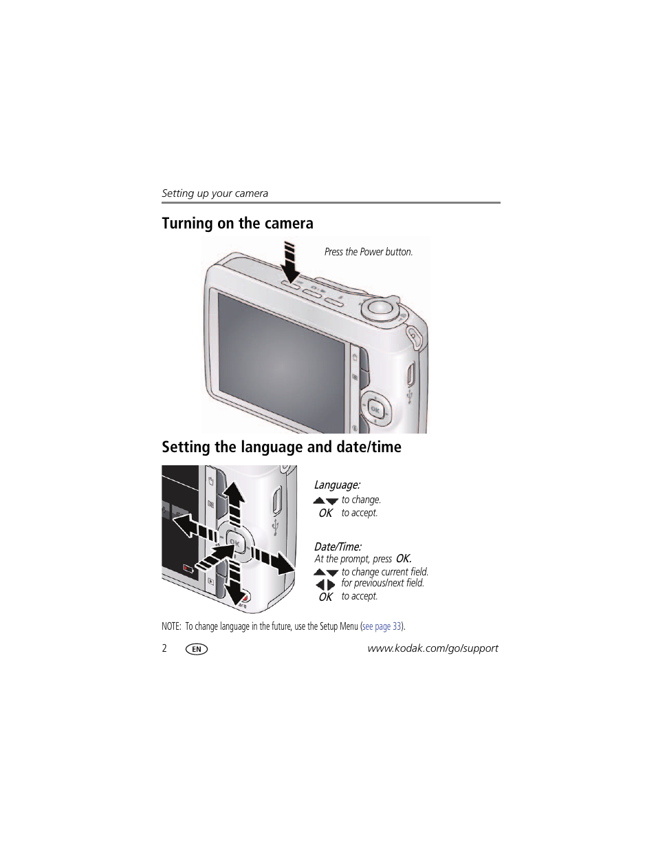 Turning on the camera, Setting the language and date/time | Kodak EASYSHARE C1550 User Manual | Page 8 / 63