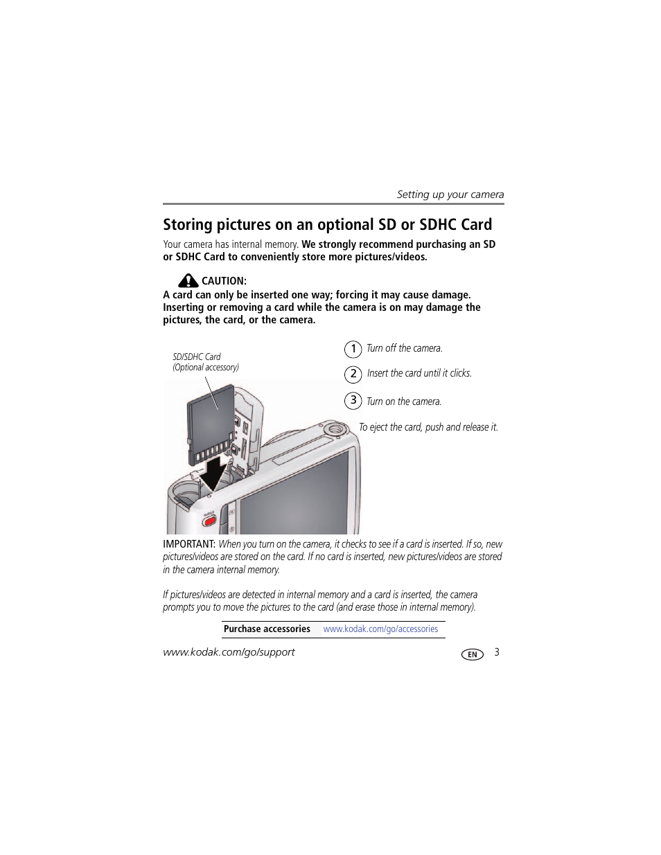 Storing pictures on an optional sd or sdhc card | Kodak EASYSHARE C1550 User Manual | Page 9 / 63
