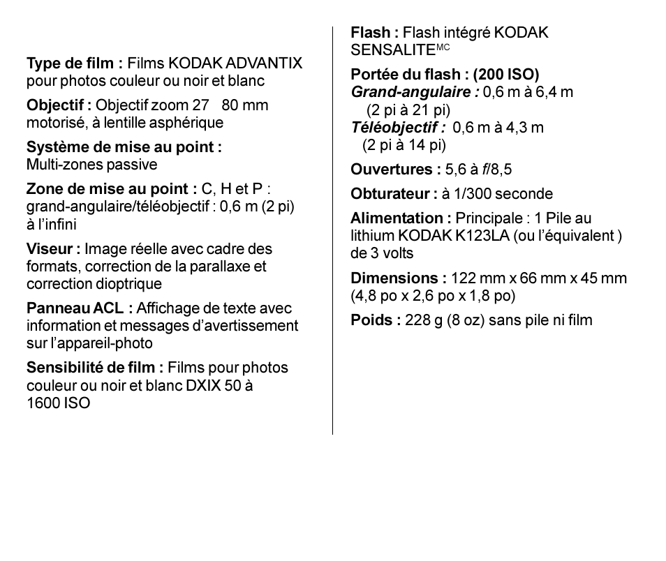 Caractéristiques | Kodak C800 User Manual | Page 112 / 113