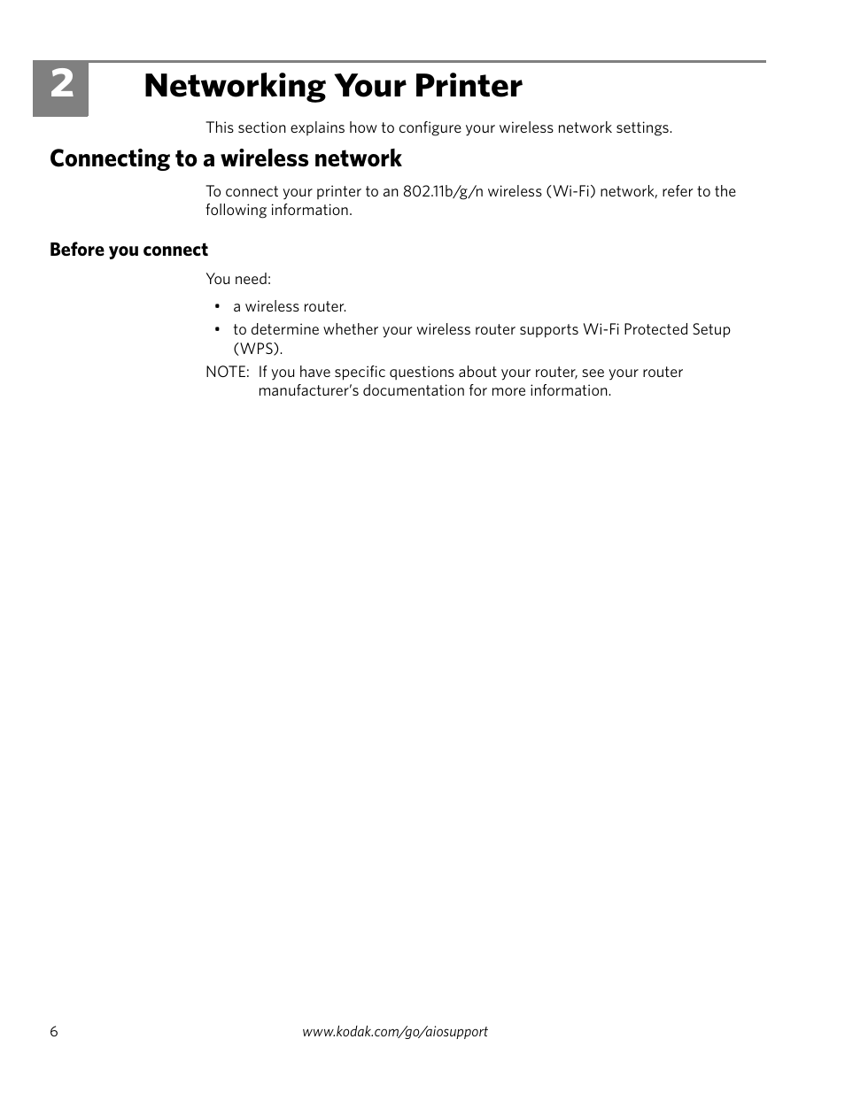 Networking your printer, Connecting to a wireless network, Before you connect | 2 networking your printer | Kodak ESP 1.2 User Manual | Page 11 / 100