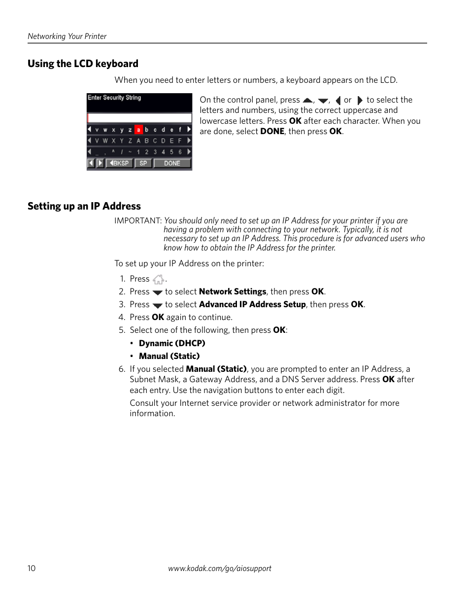 Using the lcd keyboard, Setting up an ip address, Using the lcd keyboard setting up an ip address | Using the lcd | Kodak ESP 1.2 User Manual | Page 15 / 100