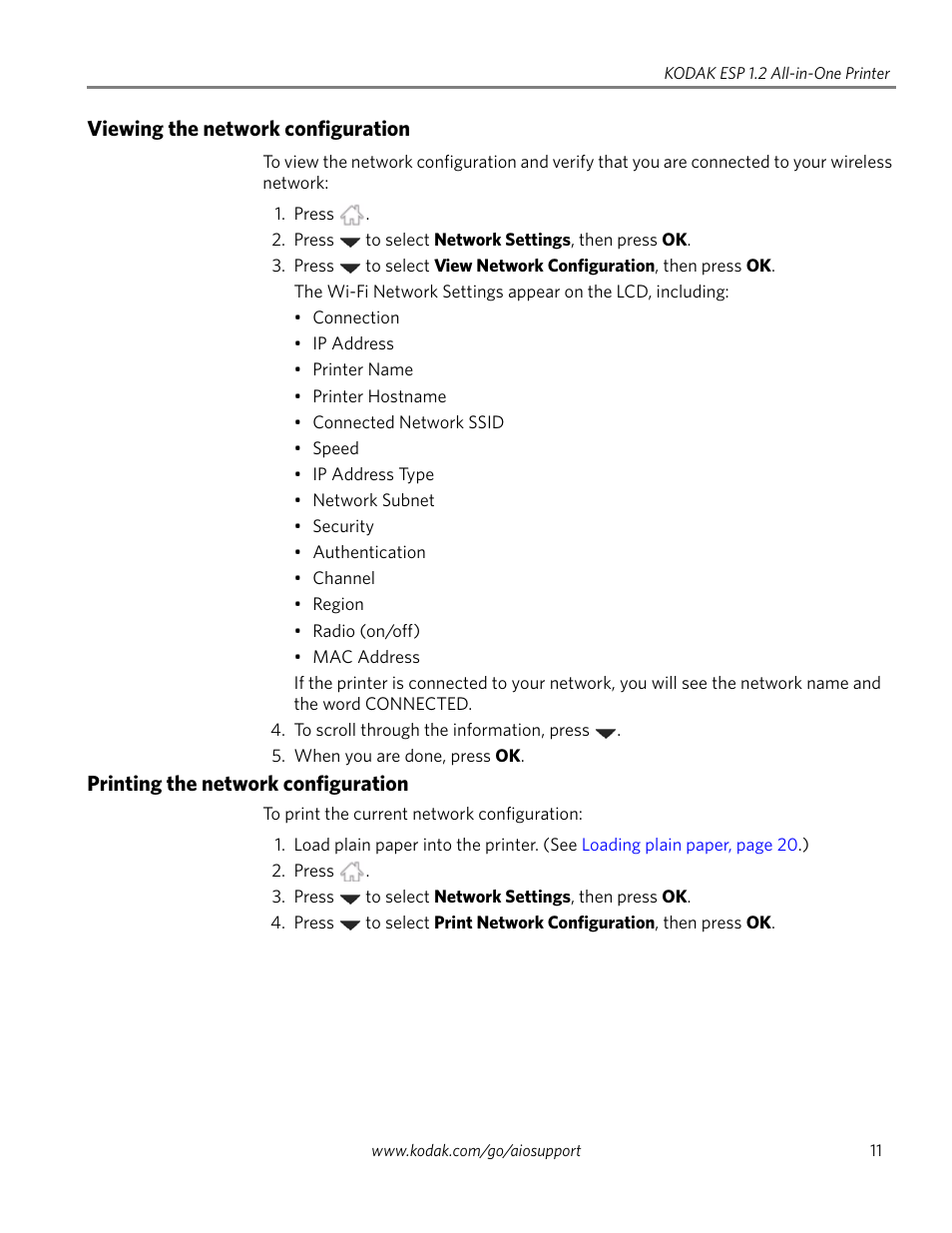 Viewing the network configuration, Printing the network configuration | Kodak ESP 1.2 User Manual | Page 16 / 100