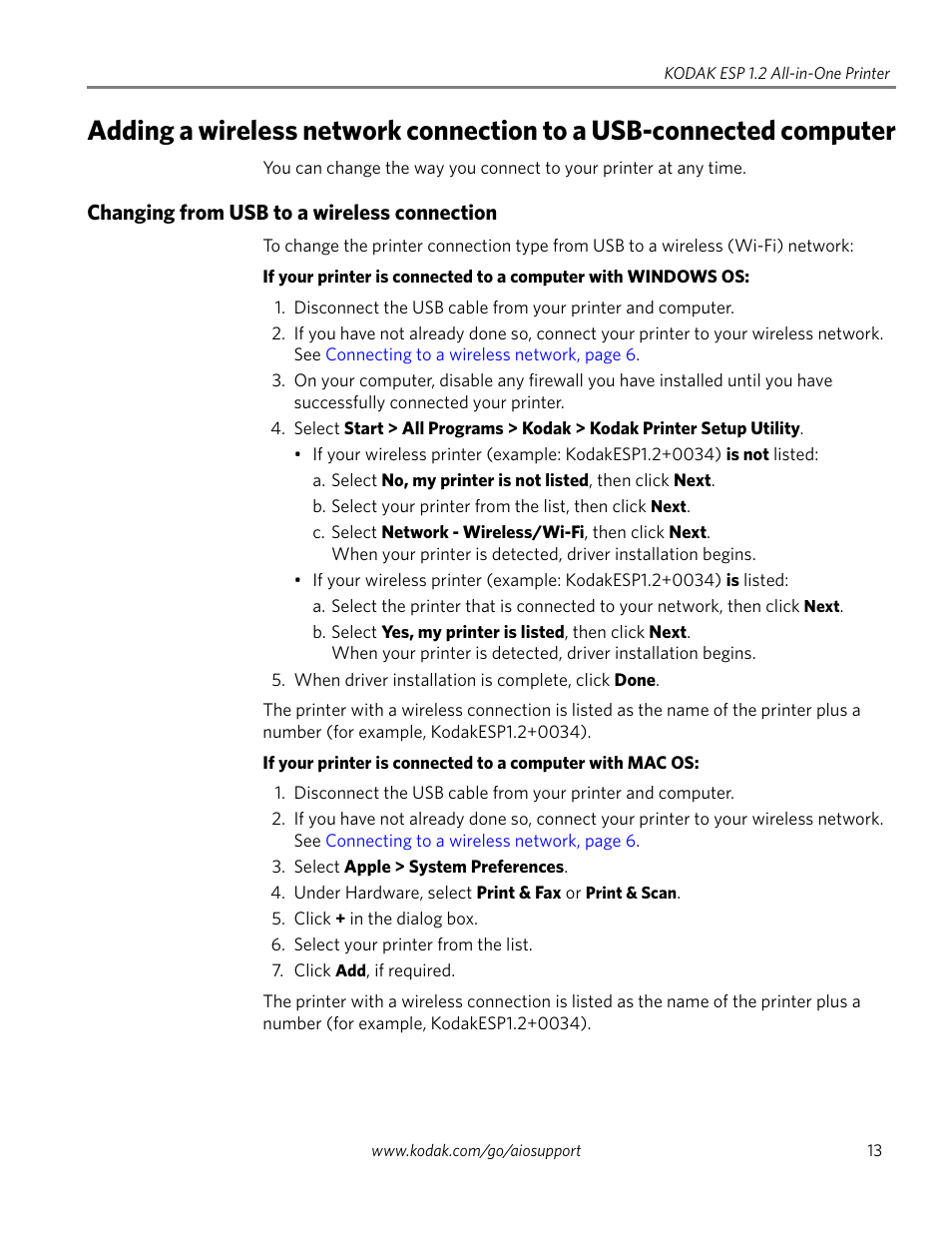 Changing from usb to a wireless connection | Kodak ESP 1.2 User Manual | Page 18 / 100