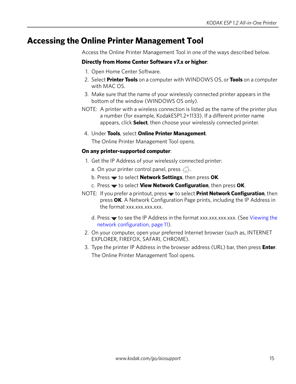 Accessing the online printer management tool | Kodak ESP 1.2 User Manual | Page 20 / 100