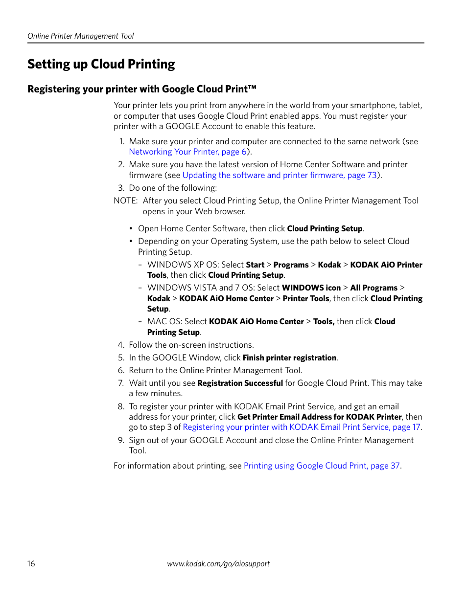 Setting up cloud printing, Registering your printer with google cloud print | Kodak ESP 1.2 User Manual | Page 21 / 100