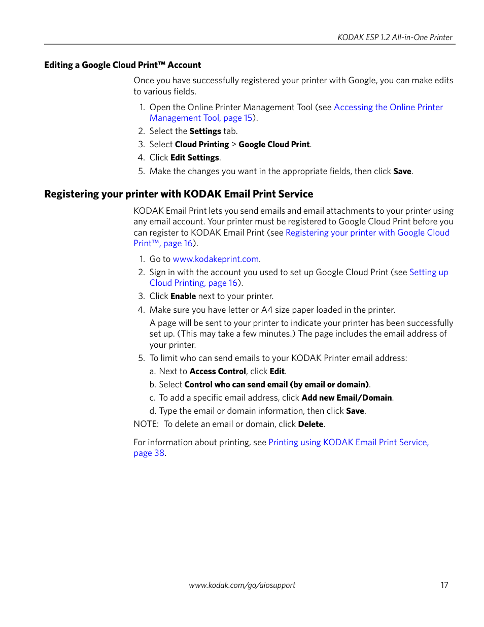 Editing a google cloud print™ account | Kodak ESP 1.2 User Manual | Page 22 / 100