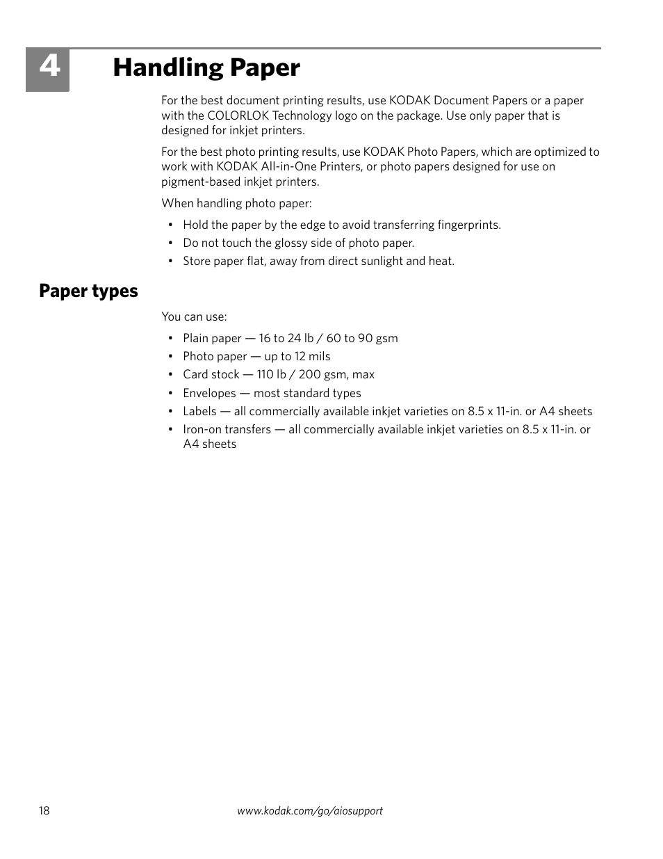 Handling paper, Paper types, 4 handling paper | Kodak ESP 1.2 User Manual | Page 23 / 100